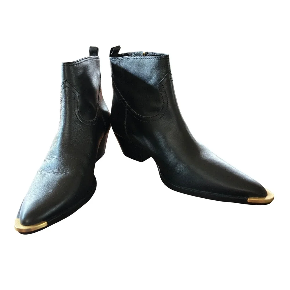 Schutz Chic Black Leather Pointed Toe Ankle Boots Gold Tip Western Women's 7M